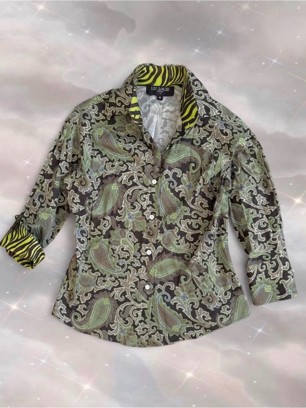 Liz Logie Paisley Artsy Button Up Shirt 3/4 Sleeve Cuffs Eclectic Avant Garde